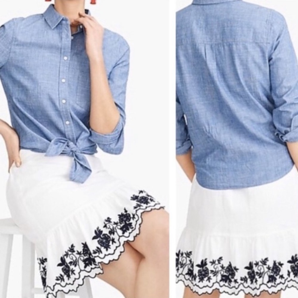 J Crew Skirt White w/Navy Embroidery Size XS linen blend summer vocation travel